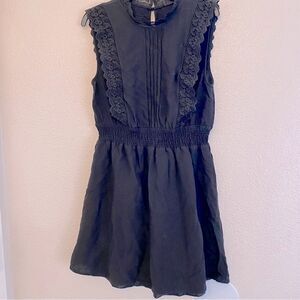 Black Lace trim sleeveless elastic waist whimsy goth festival mock rayon Dress L